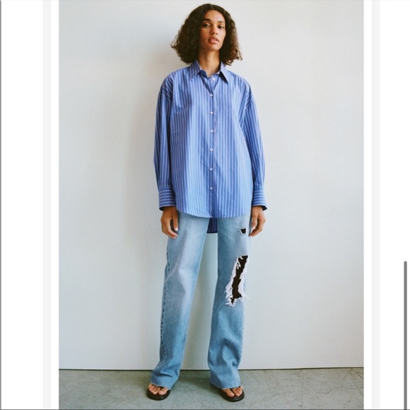 Zara Jeans Zara Wide Leg Full Length Ripped Jeansmidblue Ref 645025